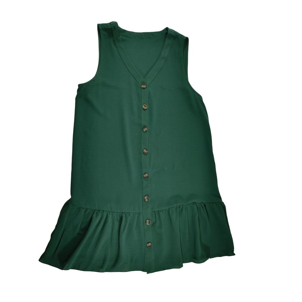 Green Sleeveless V‎ Neck Button Front Ruffle Hem Dress Small Rayon